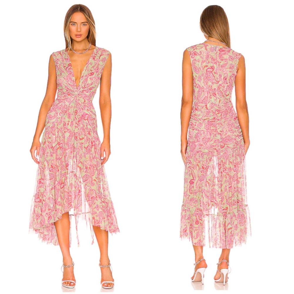 MISA PINK GREEN VINTAGE PAISLEY PRINT AVA MESH TWIST FRONT SLEEVELESS MIDI DRESS - Picture 13 of 14